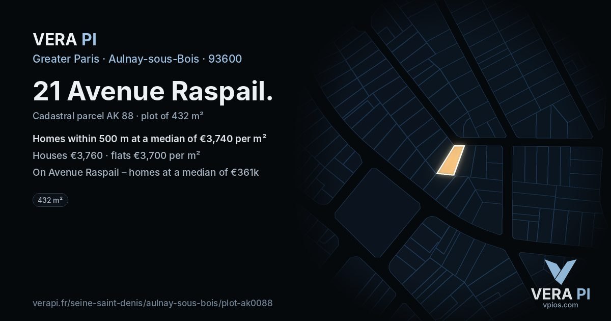 21 Avenue Raspail, Aulnay-sous-Bois at night – the plot lit, the parcels around coloured by the prices near them