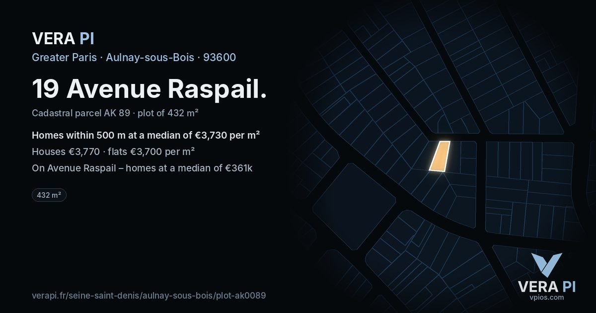 19 Avenue Raspail, Aulnay-sous-Bois at night – the plot lit, the parcels around coloured by the prices near them