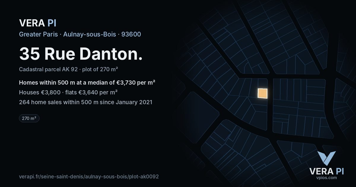35 Rue Danton, Aulnay-sous-Bois at night – the plot lit, the parcels around coloured by the prices near them