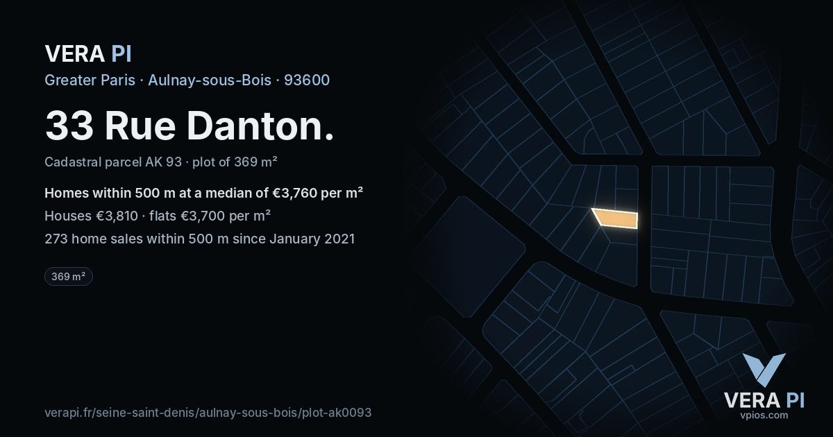 33 Rue Danton, Aulnay-sous-Bois at night – the plot lit, the parcels around coloured by the prices near them