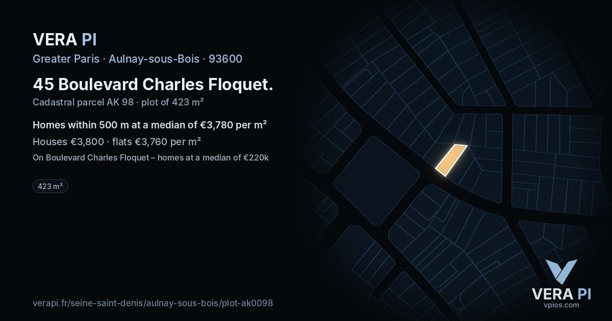45 Boulevard Charles Floquet, Aulnay-sous-Bois at night – the plot lit, the parcels around coloured by the prices near them