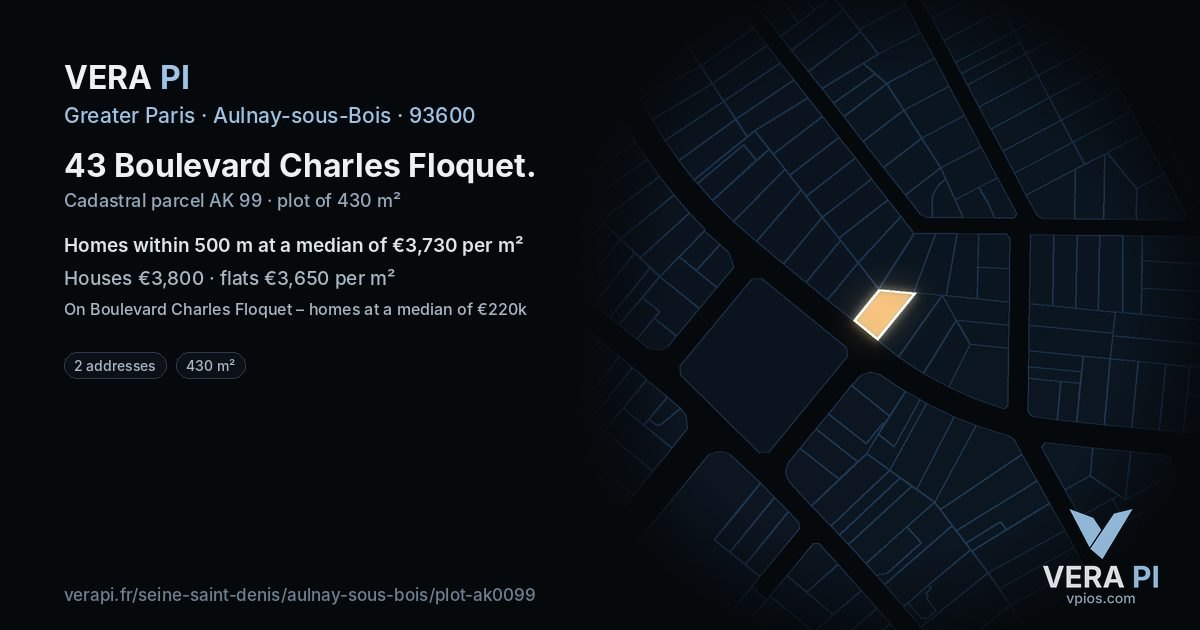 43 Boulevard Charles Floquet, Aulnay-sous-Bois at night – the plot lit, the parcels around coloured by the prices near them