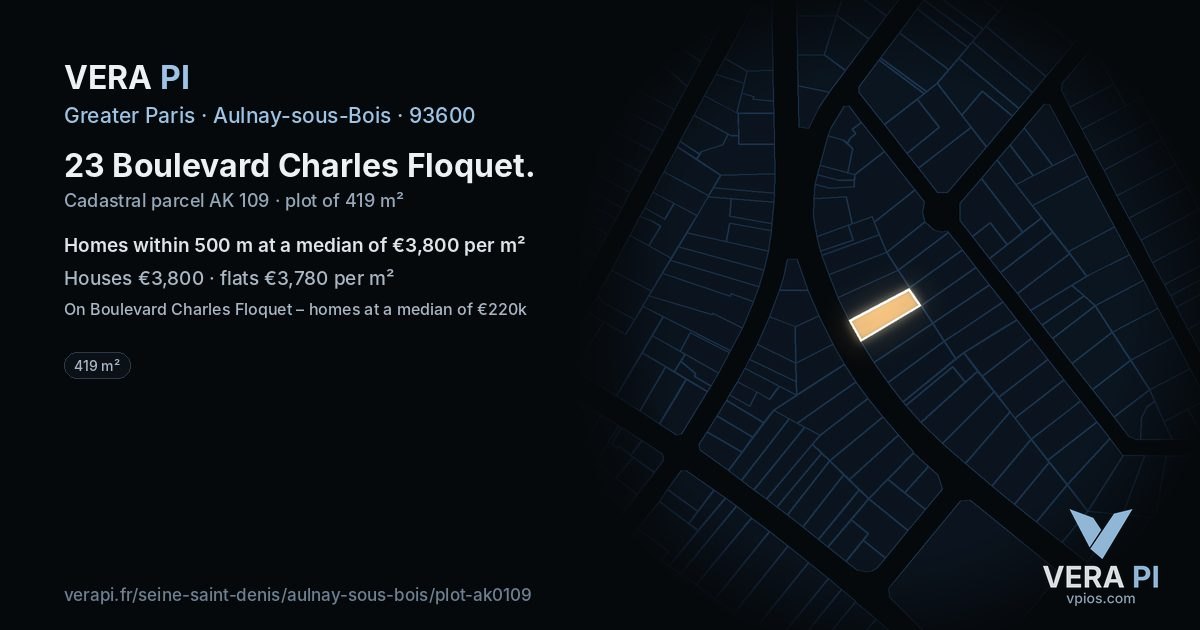 23 Boulevard Charles Floquet, Aulnay-sous-Bois at night – the plot lit, the parcels around coloured by the prices near them
