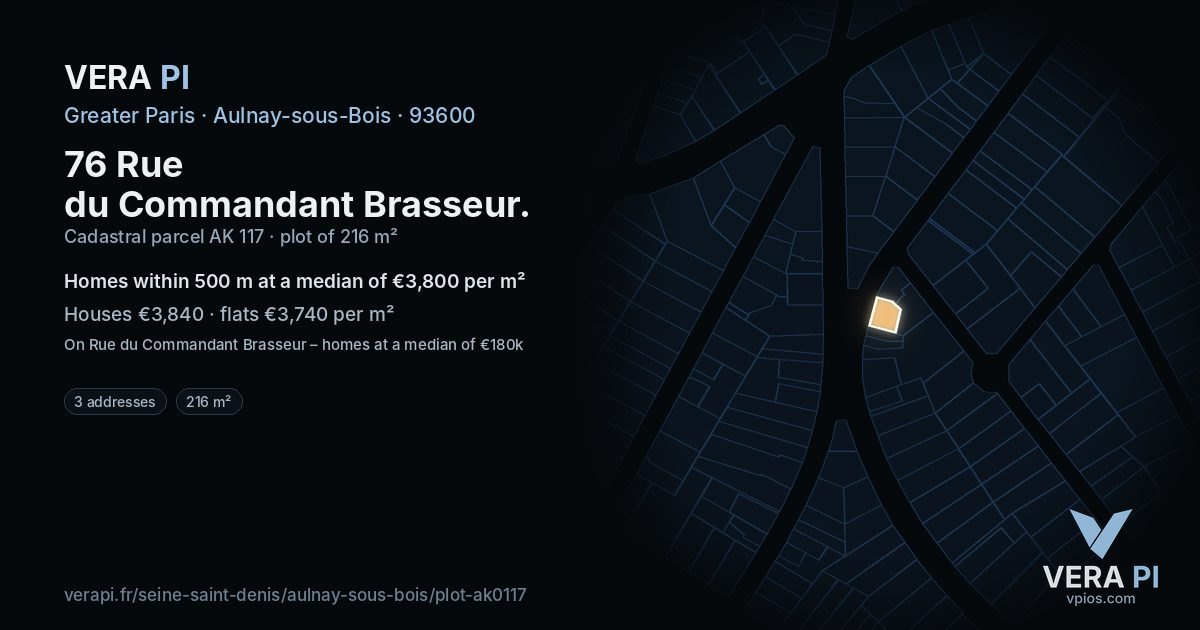 76 Rue du Commandant Brasseur, Aulnay-sous-Bois at night – the plot lit, the parcels around coloured by the prices near them