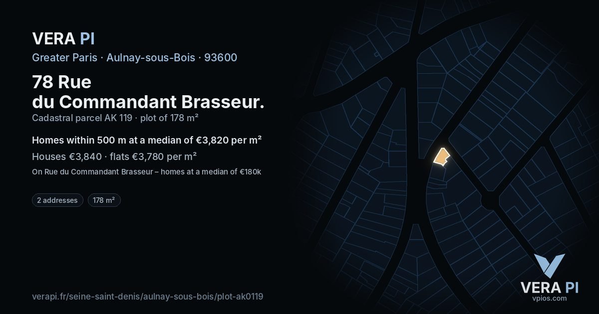 78 Rue du Commandant Brasseur, Aulnay-sous-Bois at night – the plot lit, the parcels around coloured by the prices near them