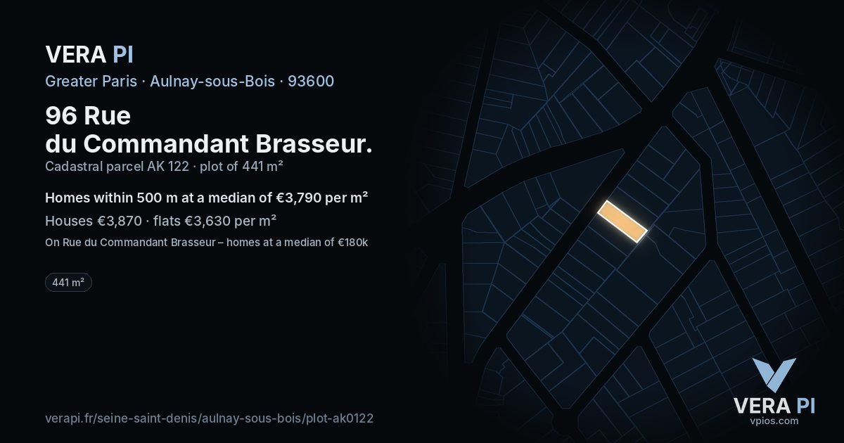 96 Rue du Commandant Brasseur, Aulnay-sous-Bois at night – the plot lit, the parcels around coloured by the prices near them