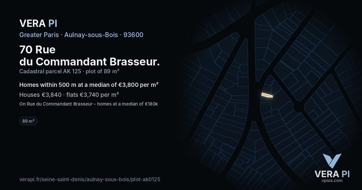 70 Rue du Commandant Brasseur, Aulnay-sous-Bois at night – the plot lit, the parcels around coloured by the prices near them