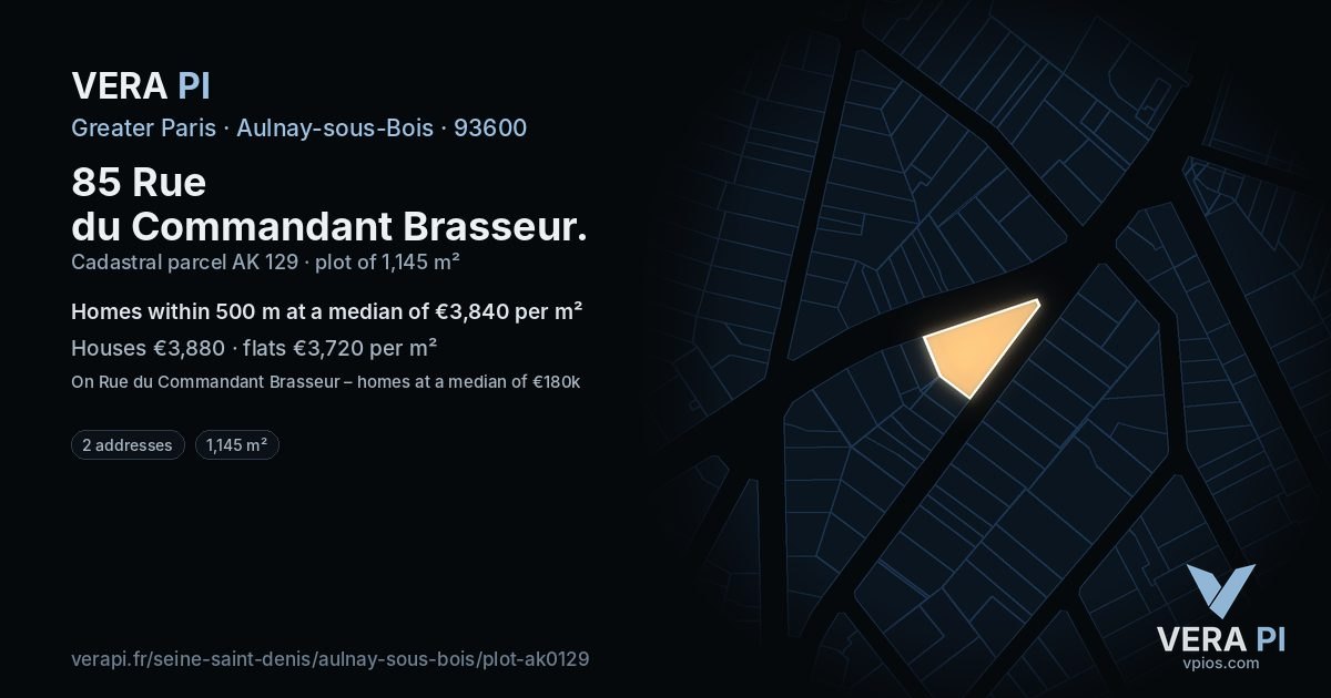 85 Rue du Commandant Brasseur, Aulnay-sous-Bois at night – the plot lit, the parcels around coloured by the prices near them