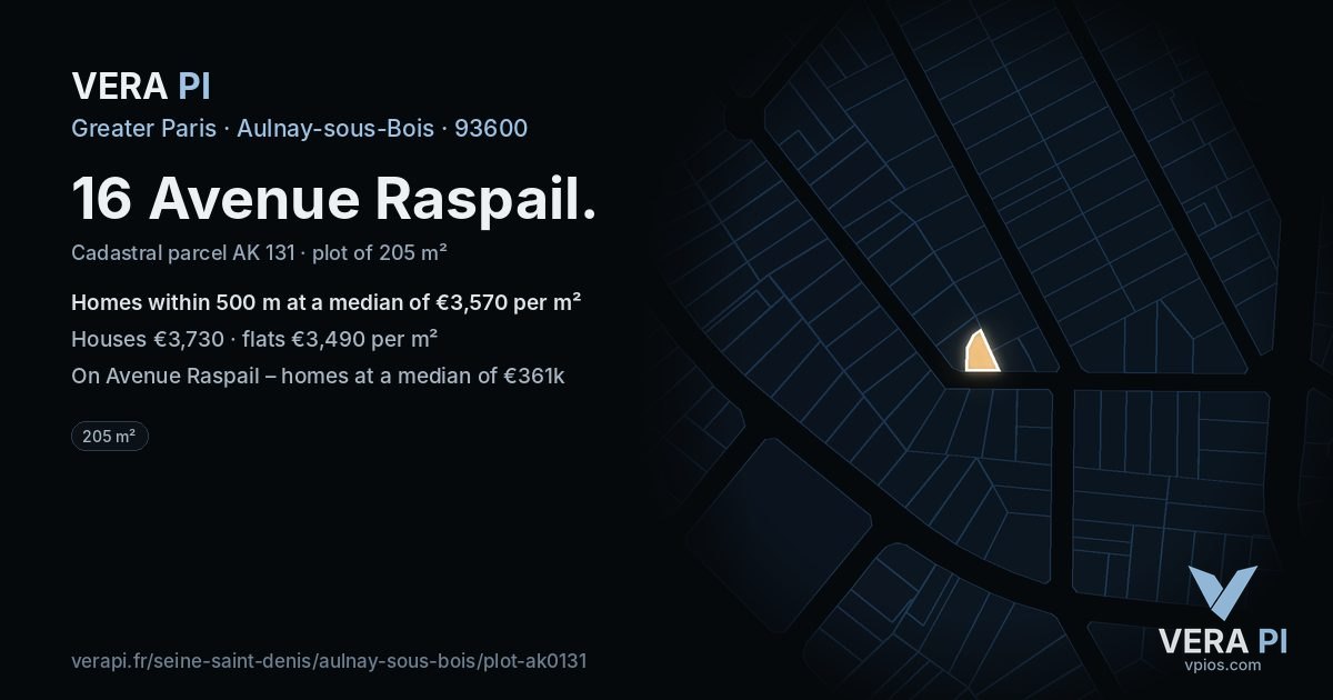 16 Avenue Raspail, Aulnay-sous-Bois at night – the plot lit, the parcels around coloured by the prices near them