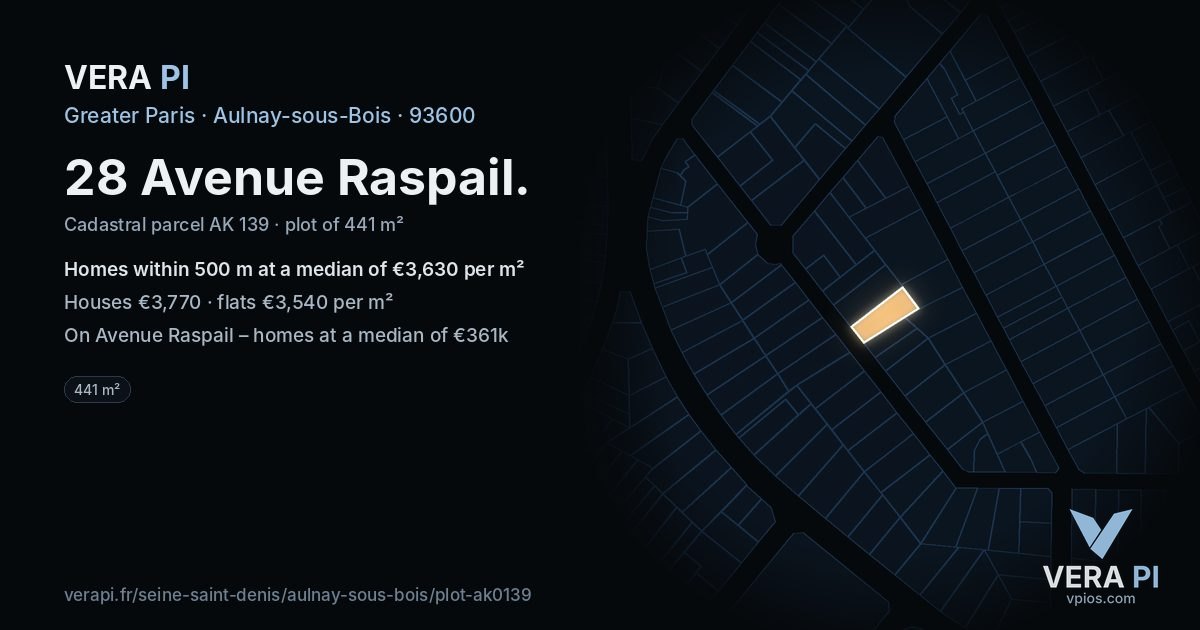 28 Avenue Raspail, Aulnay-sous-Bois at night – the plot lit, the parcels around coloured by the prices near them