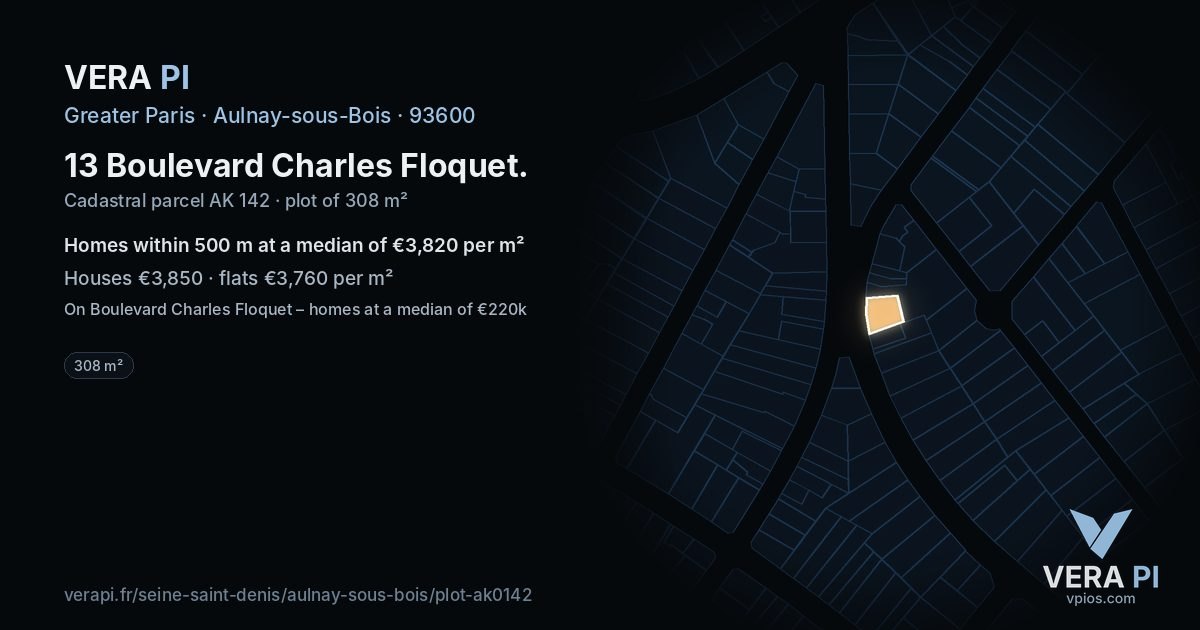 13 Boulevard Charles Floquet, Aulnay-sous-Bois at night – the plot lit, the parcels around coloured by the prices near them
