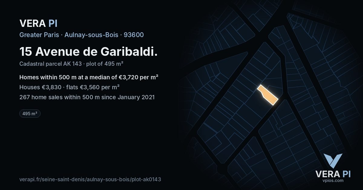 15 Avenue de Garibaldi, Aulnay-sous-Bois at night – the plot lit, the parcels around coloured by the prices near them