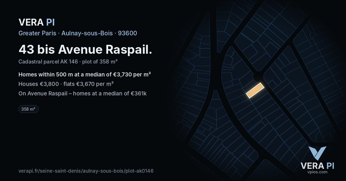 43 bis Avenue Raspail, Aulnay-sous-Bois at night – the plot lit, the parcels around coloured by the prices near them