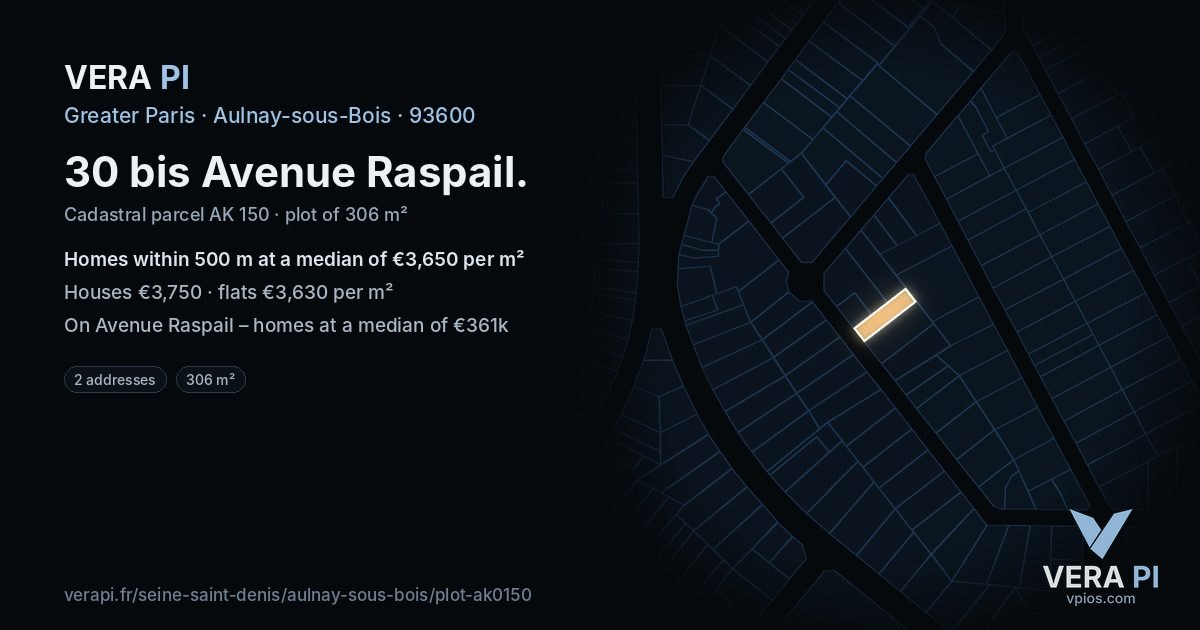 30 bis Avenue Raspail, Aulnay-sous-Bois at night – the plot lit, the parcels around coloured by the prices near them