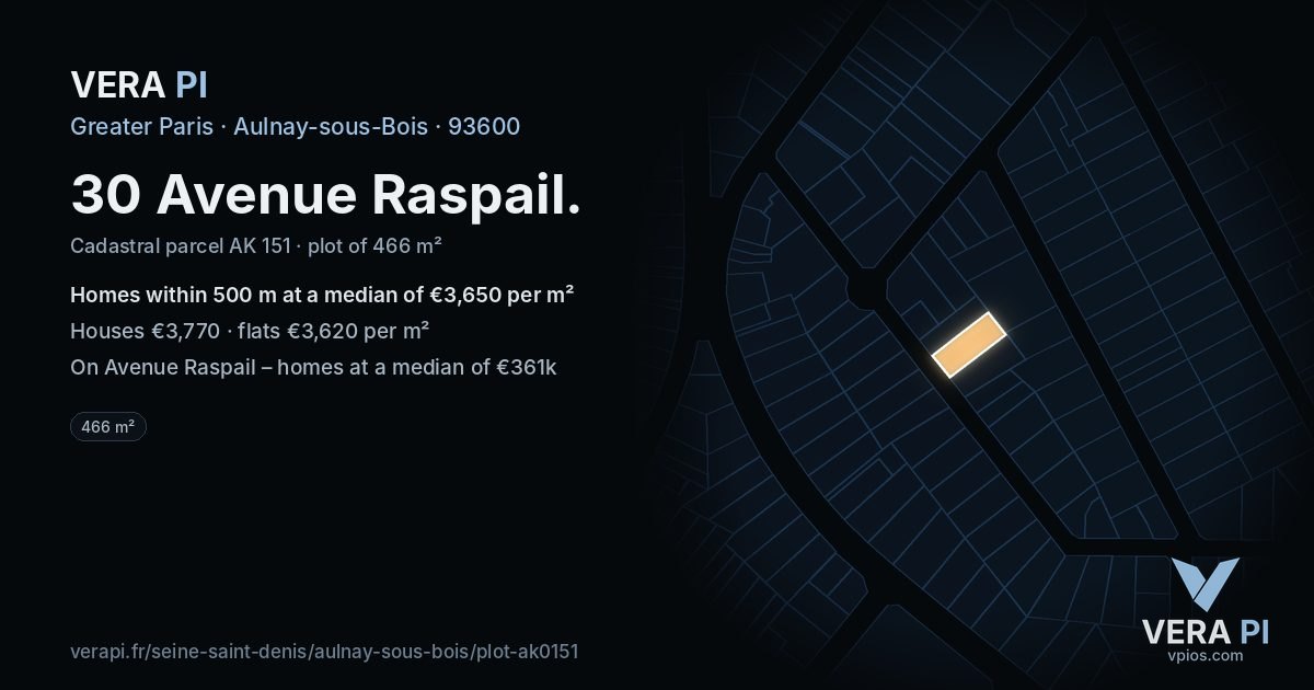 30 Avenue Raspail, Aulnay-sous-Bois at night – the plot lit, the parcels around coloured by the prices near them