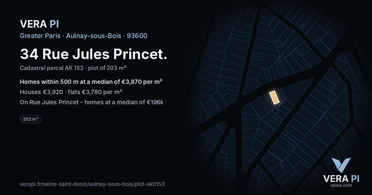 34 Rue Jules Princet, Aulnay-sous-Bois at night – the plot lit, the parcels around coloured by the prices near them