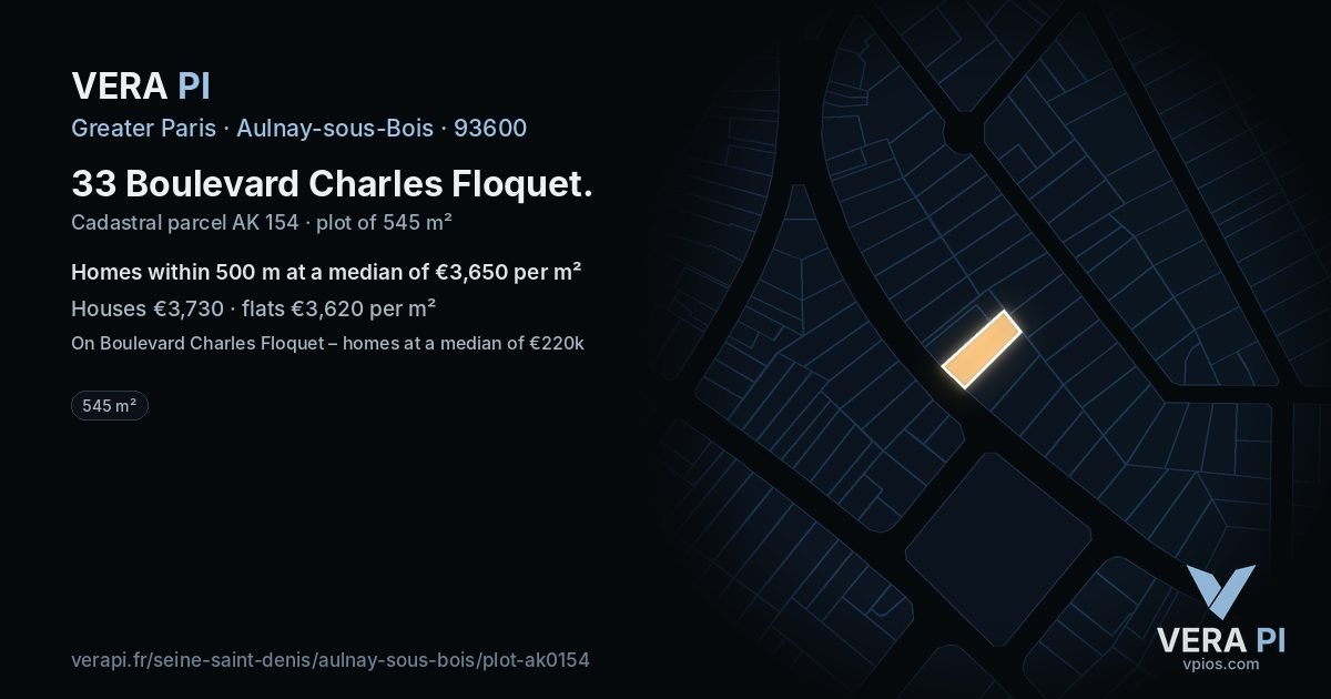 33 Boulevard Charles Floquet, Aulnay-sous-Bois at night – the plot lit, the parcels around coloured by the prices near them