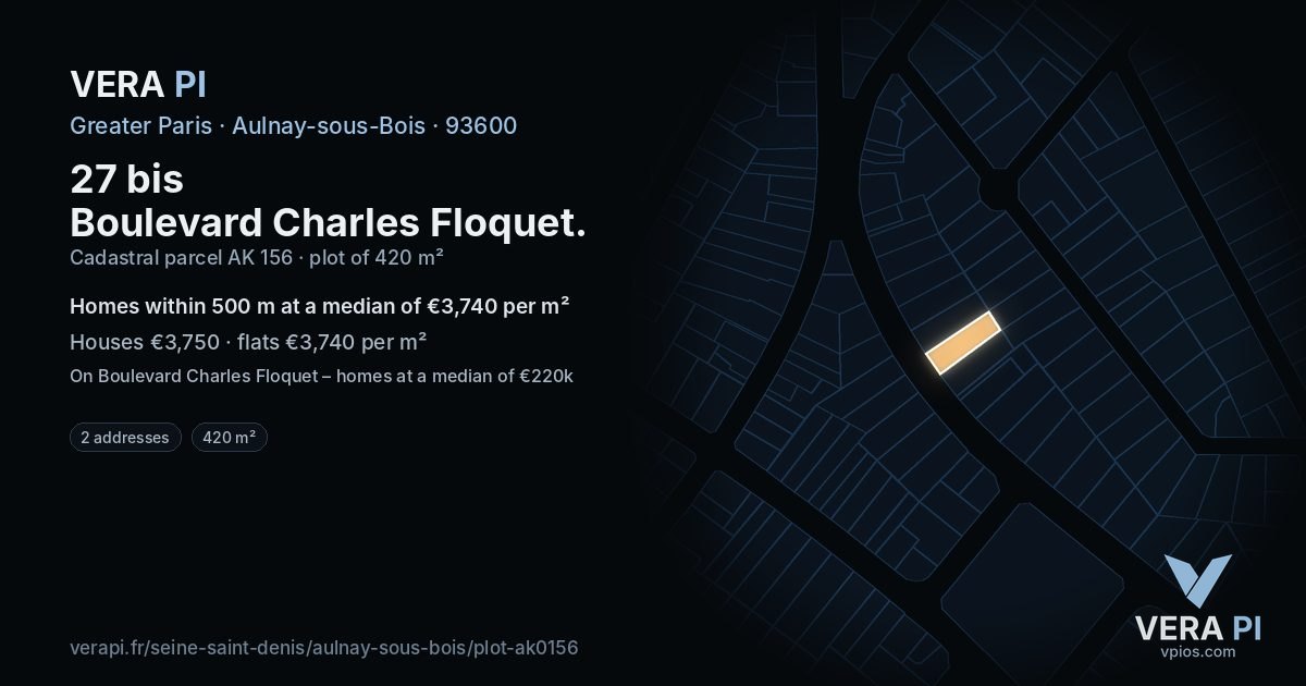 27 bis Boulevard Charles Floquet, Aulnay-sous-Bois at night – the plot lit, the parcels around coloured by the prices near them