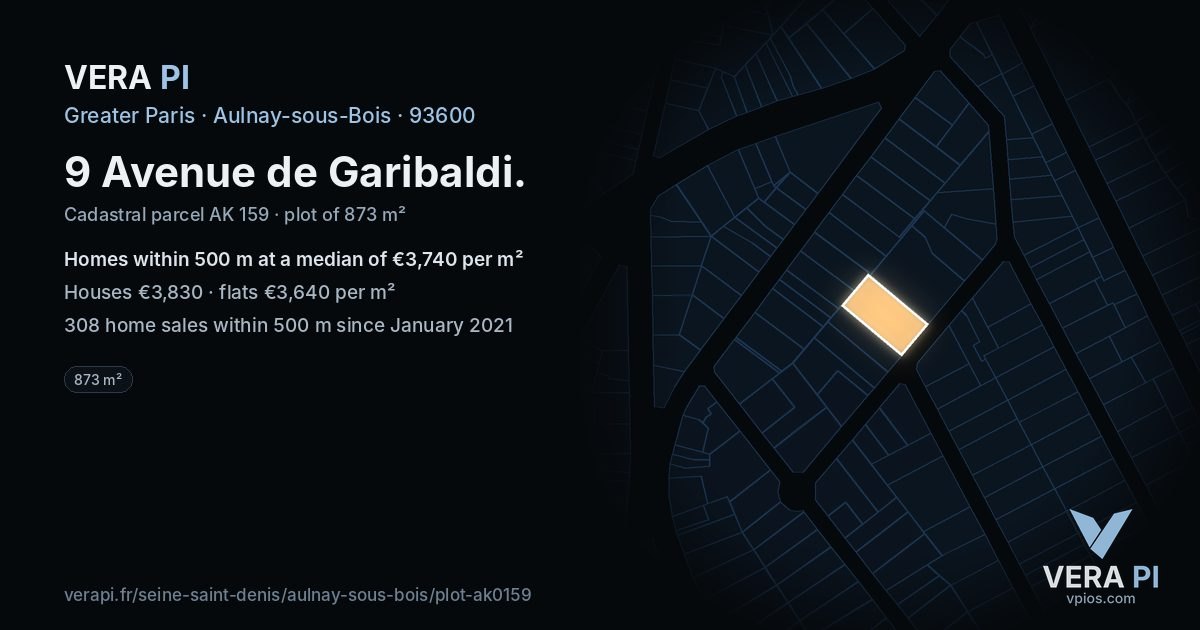 9 Avenue de Garibaldi, Aulnay-sous-Bois at night – the plot lit, the parcels around coloured by the prices near them