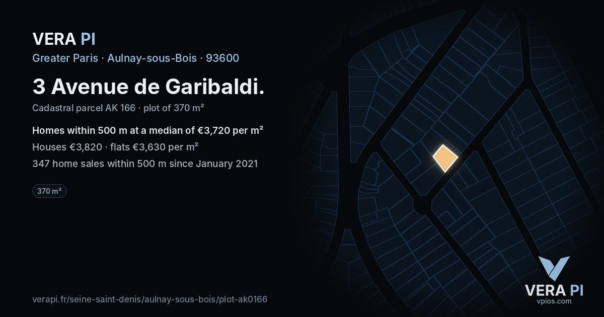 3 Avenue de Garibaldi, Aulnay-sous-Bois at night – the plot lit, the parcels around coloured by the prices near them