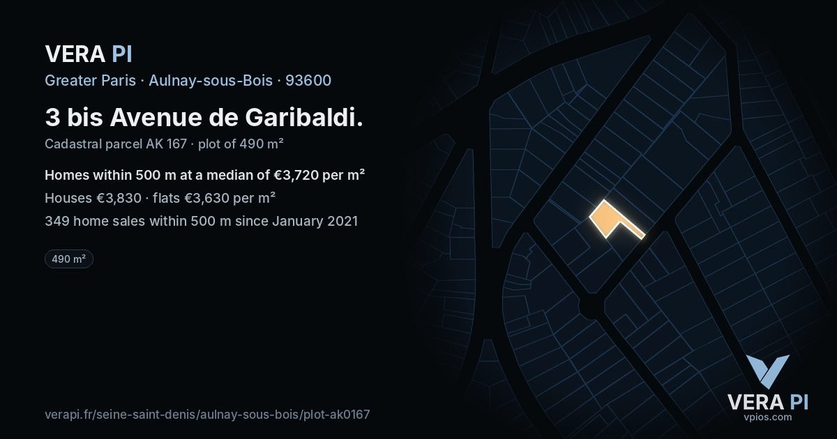3 bis Avenue de Garibaldi, Aulnay-sous-Bois at night – the plot lit, the parcels around coloured by the prices near them