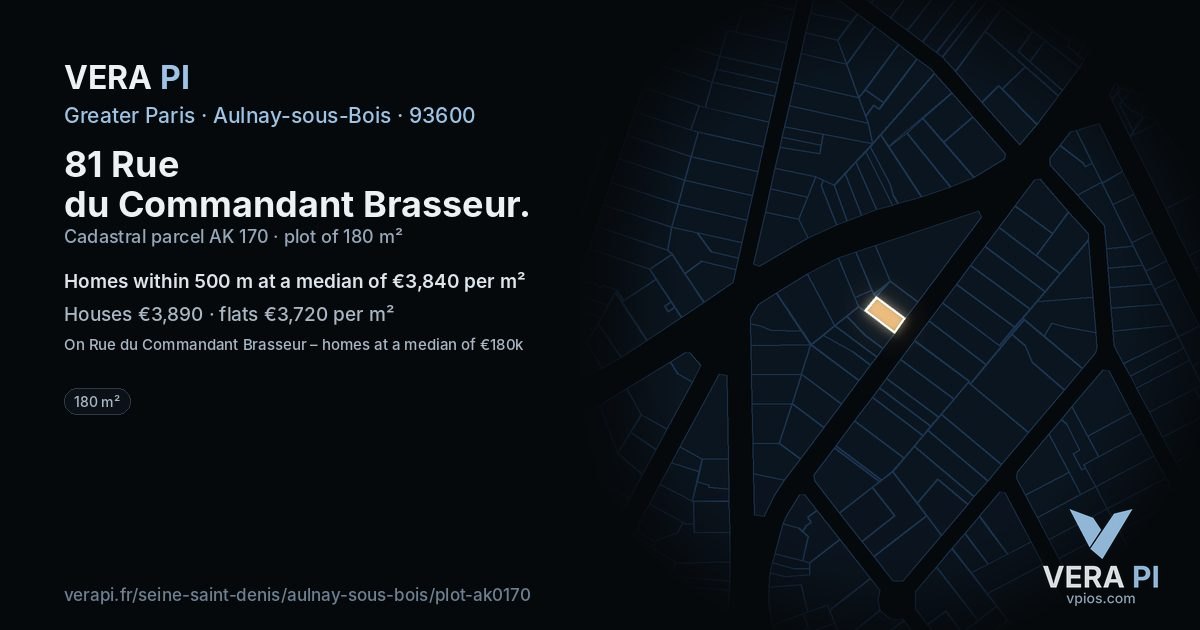 81 Rue du Commandant Brasseur, Aulnay-sous-Bois at night – the plot lit, the parcels around coloured by the prices near them