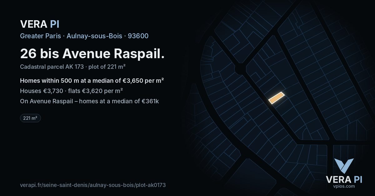 26 bis Avenue Raspail, Aulnay-sous-Bois at night – the plot lit, the parcels around coloured by the prices near them