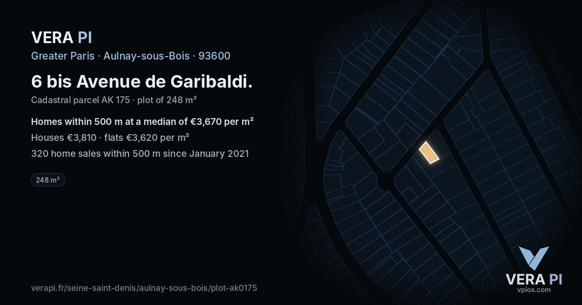 6 bis Avenue de Garibaldi, Aulnay-sous-Bois at night – the plot lit, the parcels around coloured by the prices near them