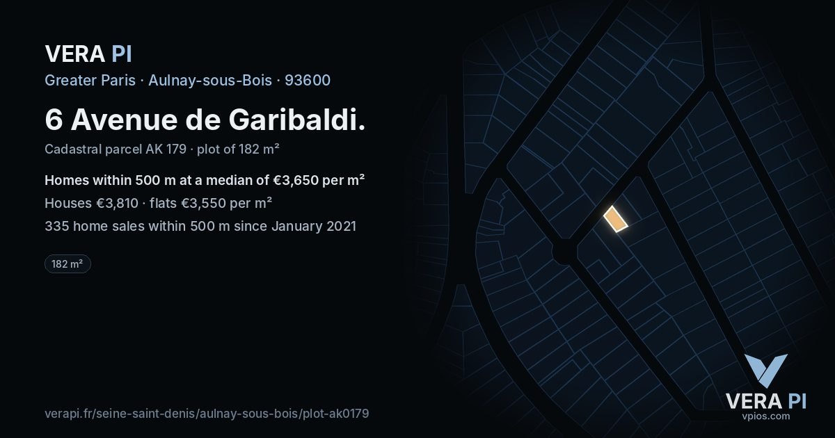 6 Avenue de Garibaldi, Aulnay-sous-Bois at night – the plot lit, the parcels around coloured by the prices near them