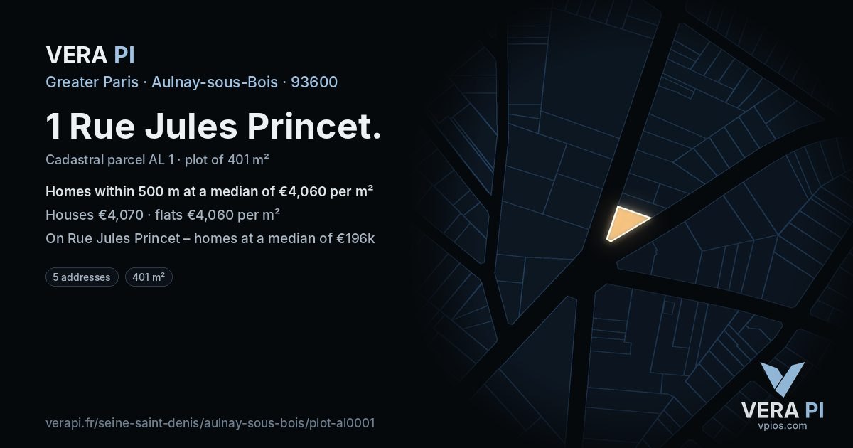 1 Rue Jules Princet, Aulnay-sous-Bois at night – the plot lit, the parcels around coloured by the prices near them