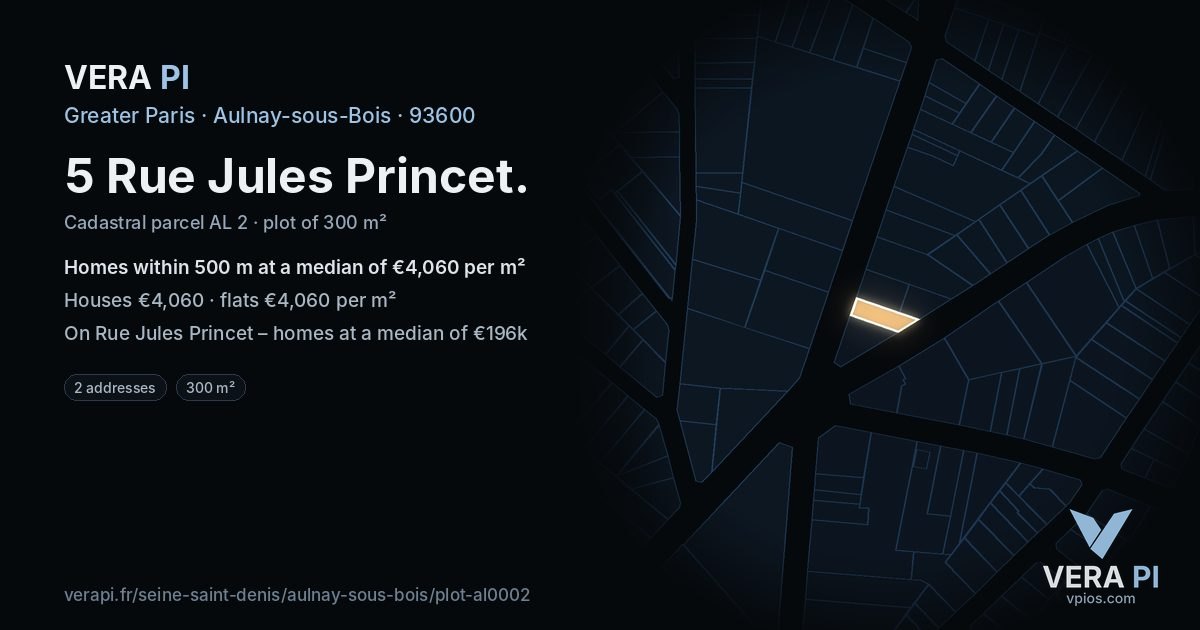 5 Rue Jules Princet, Aulnay-sous-Bois at night – the plot lit, the parcels around coloured by the prices near them