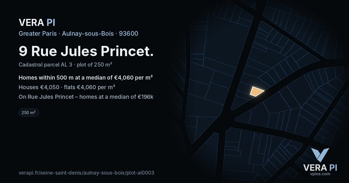 9 Rue Jules Princet, Aulnay-sous-Bois at night – the plot lit, the parcels around coloured by the prices near them