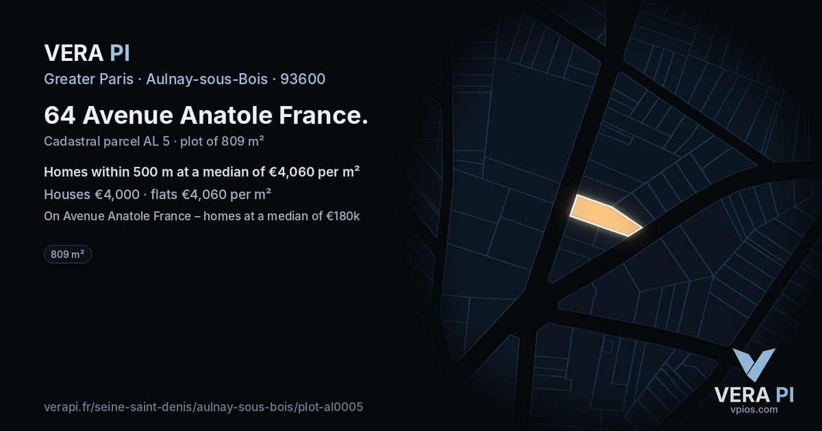 64 Avenue Anatole France, Aulnay-sous-Bois at night – the plot lit, the parcels around coloured by the prices near them