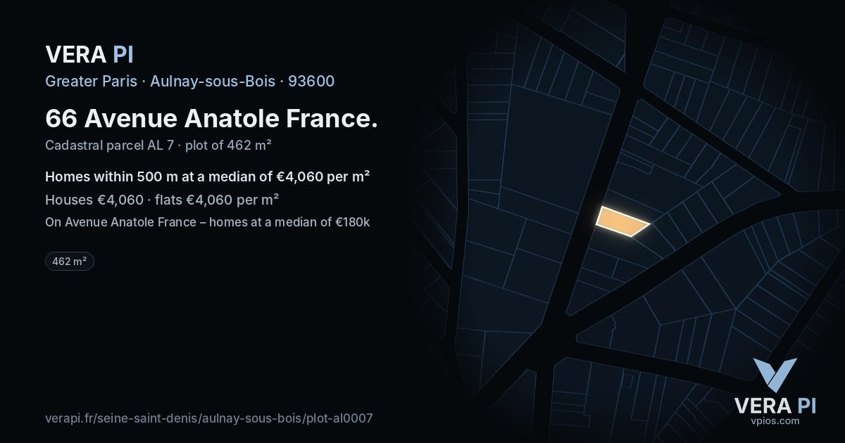 66 Avenue Anatole France, Aulnay-sous-Bois at night – the plot lit, the parcels around coloured by the prices near them