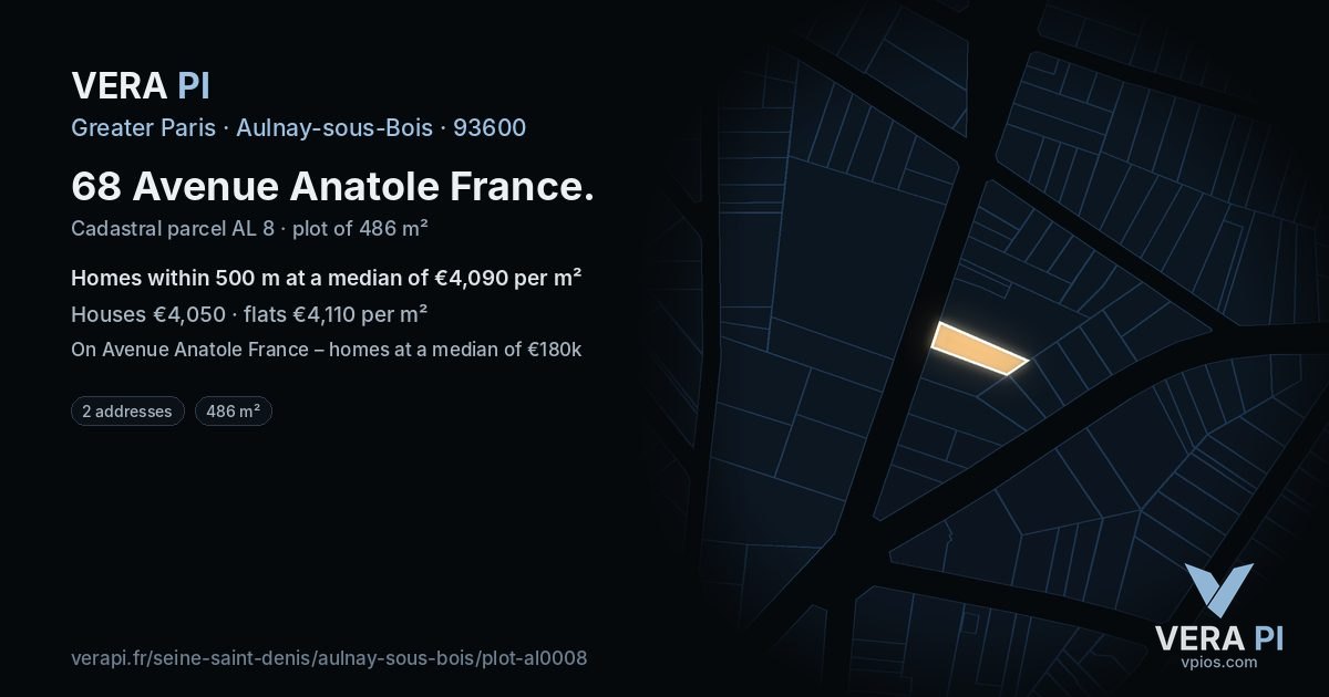 68 Avenue Anatole France, Aulnay-sous-Bois at night – the plot lit, the parcels around coloured by the prices near them