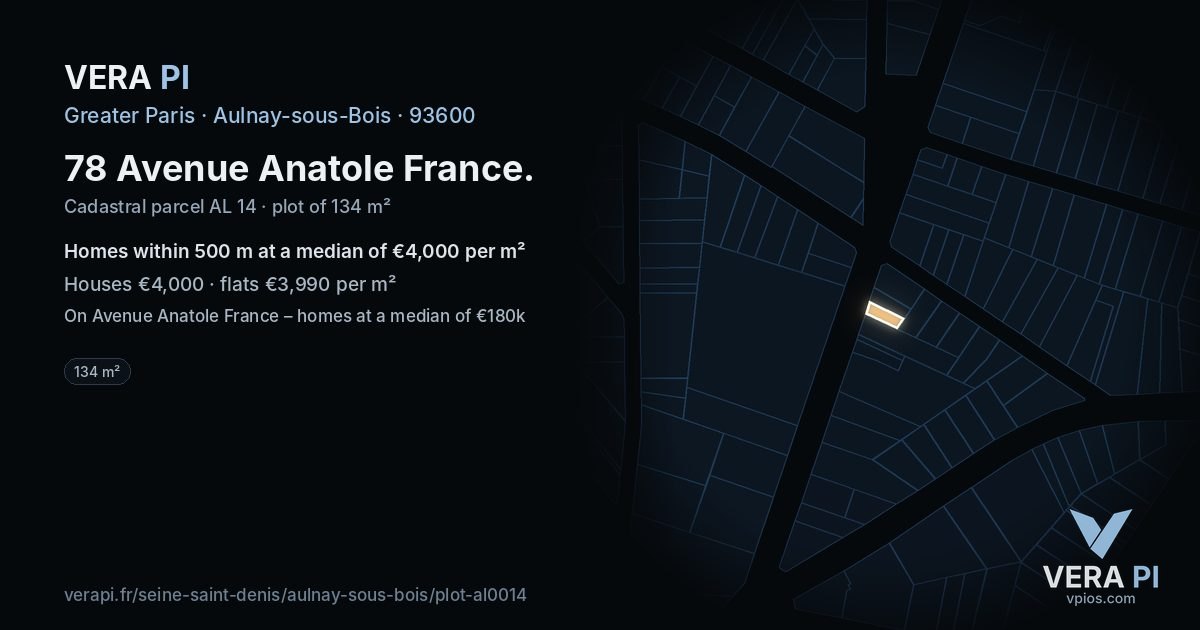 78 Avenue Anatole France, Aulnay-sous-Bois at night – the plot lit, the parcels around coloured by the prices near them