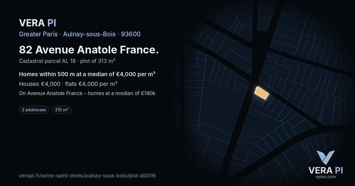 82 Avenue Anatole France, Aulnay-sous-Bois at night – the plot lit, the parcels around coloured by the prices near them