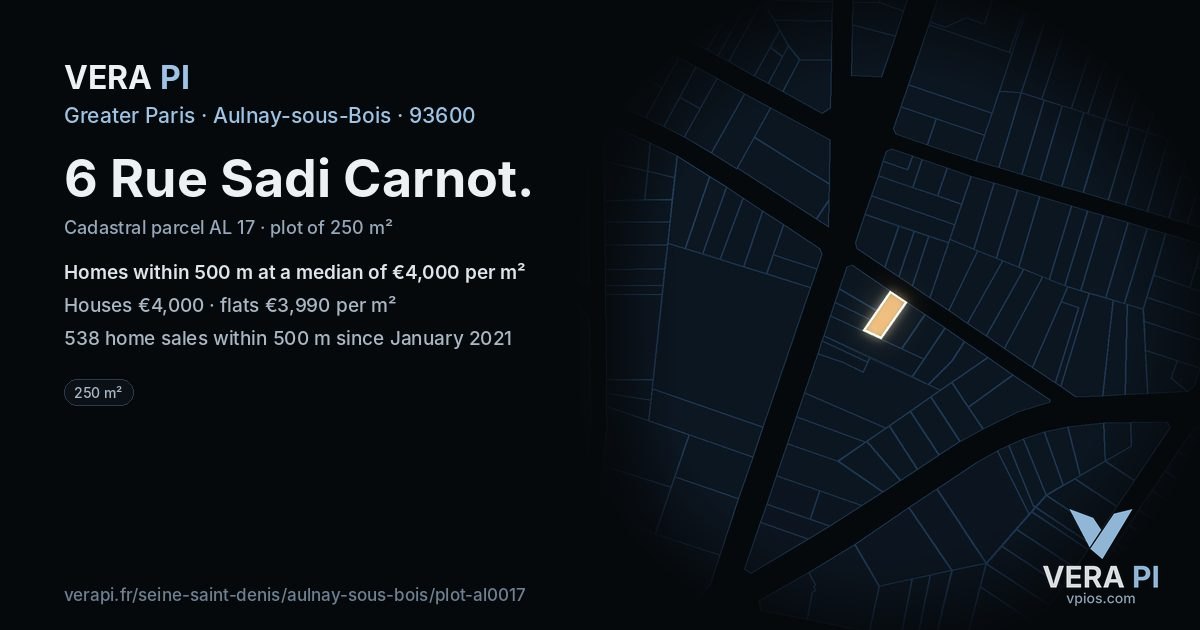 6 Rue Sadi Carnot, Aulnay-sous-Bois at night – the plot lit, the parcels around coloured by the prices near them