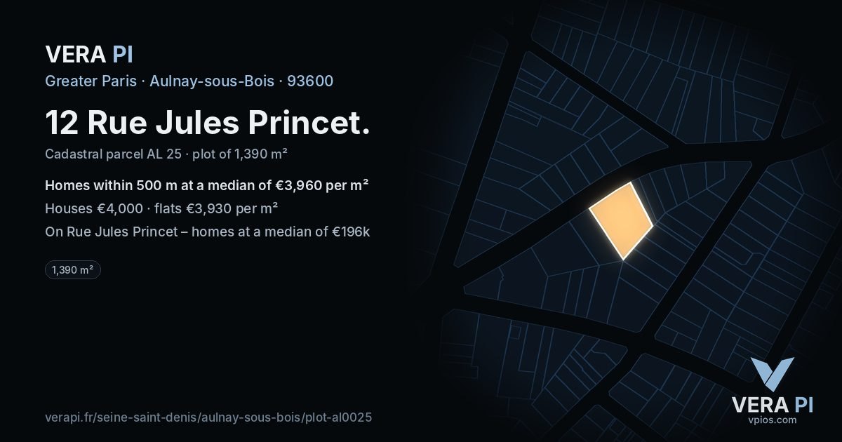 12 Rue Jules Princet, Aulnay-sous-Bois at night – the plot lit, the parcels around coloured by the prices near them