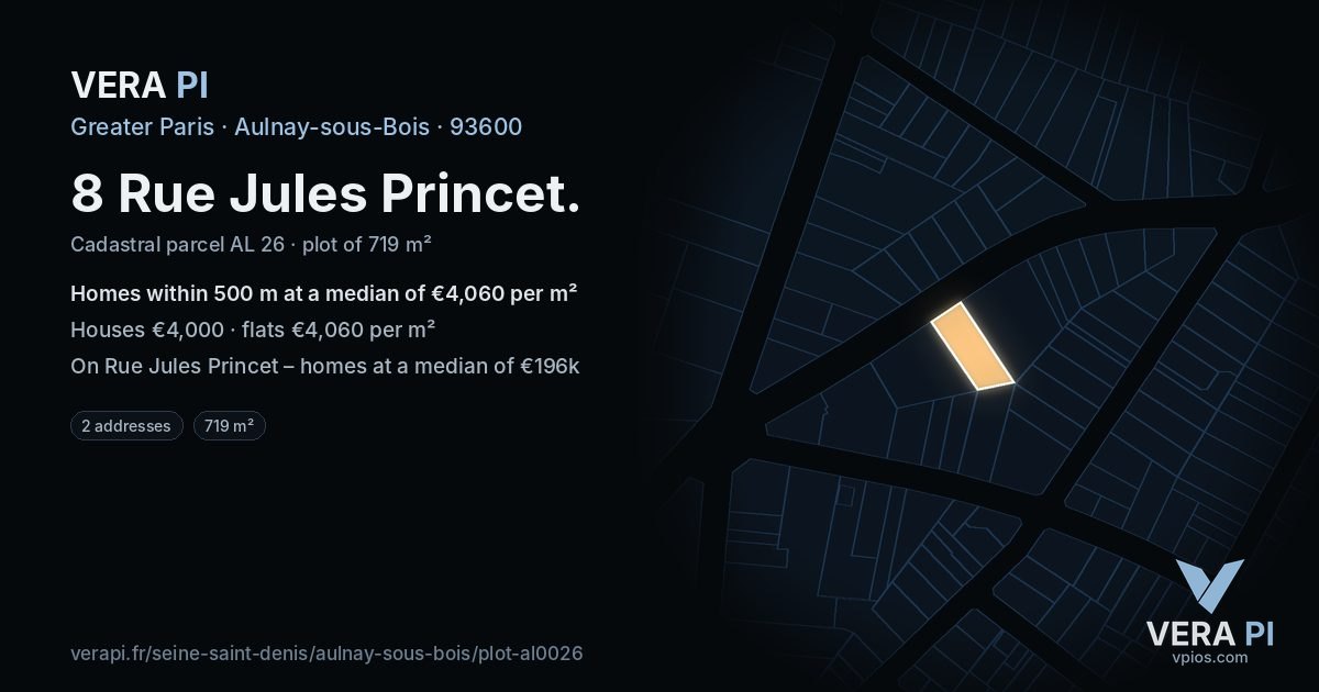 8 Rue Jules Princet, Aulnay-sous-Bois at night – the plot lit, the parcels around coloured by the prices near them