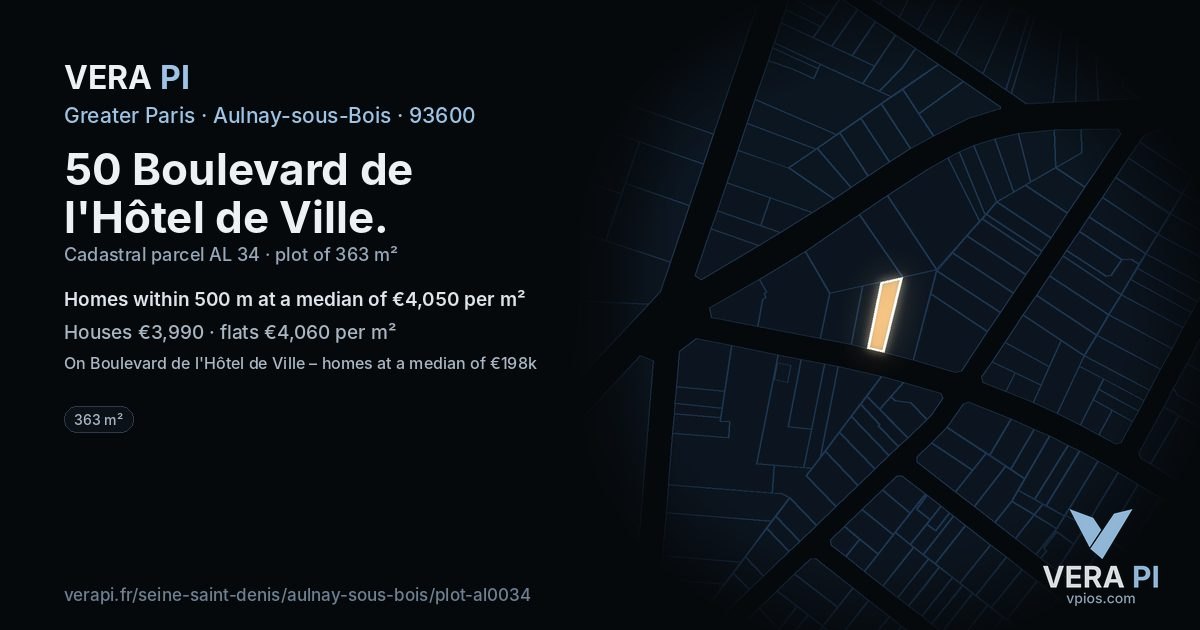 50 Boulevard de l'Hôtel de Ville, Aulnay-sous-Bois at night – the plot lit, the parcels around coloured by the prices near them