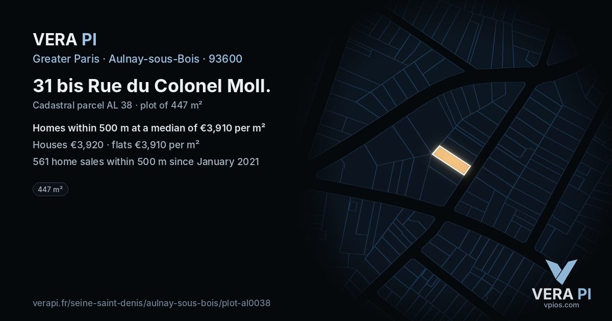 31 bis Rue du Colonel Moll, Aulnay-sous-Bois at night – the plot lit, the parcels around coloured by the prices near them
