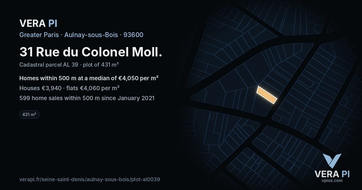 31 Rue du Colonel Moll, Aulnay-sous-Bois at night – the plot lit, the parcels around coloured by the prices near them