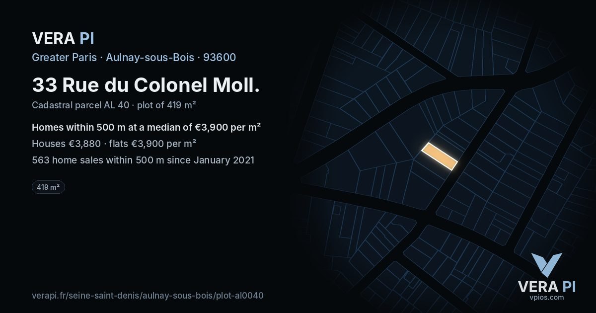 33 Rue du Colonel Moll, Aulnay-sous-Bois at night – the plot lit, the parcels around coloured by the prices near them