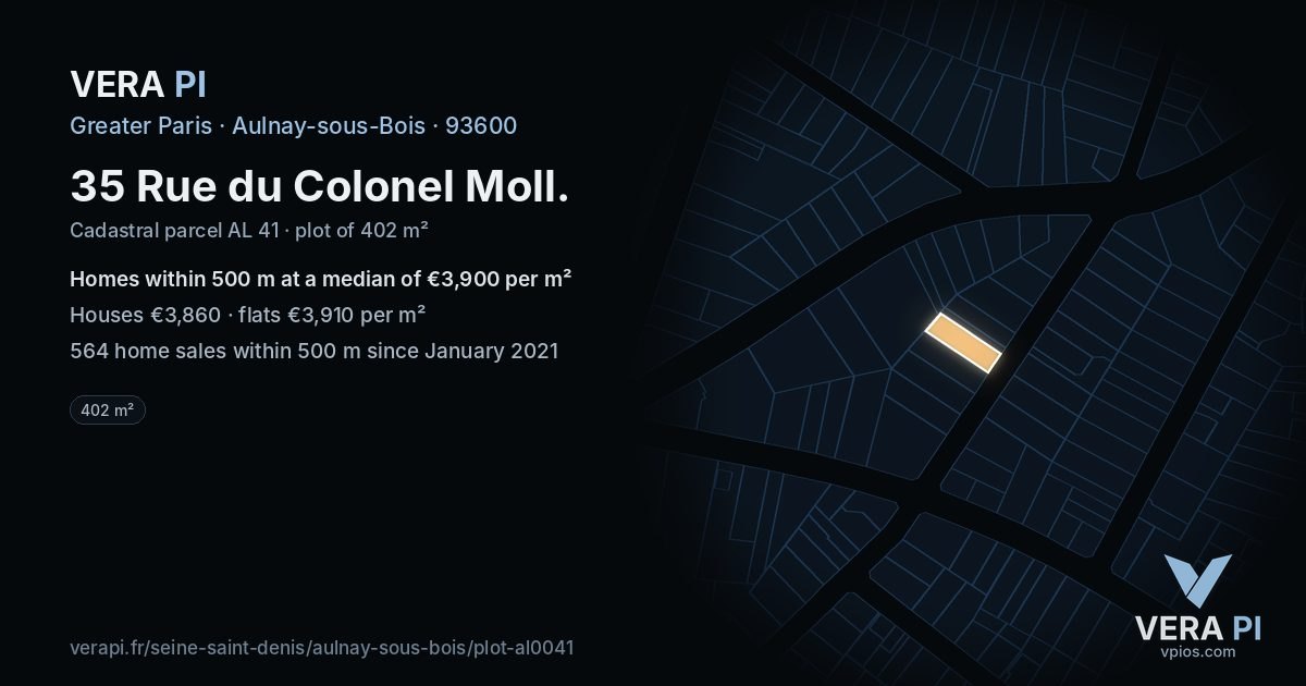 35 Rue du Colonel Moll, Aulnay-sous-Bois at night – the plot lit, the parcels around coloured by the prices near them
