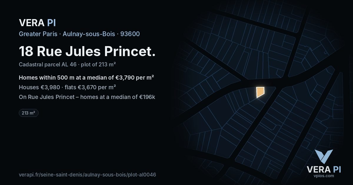 18 Rue Jules Princet, Aulnay-sous-Bois at night – the plot lit, the parcels around coloured by the prices near them