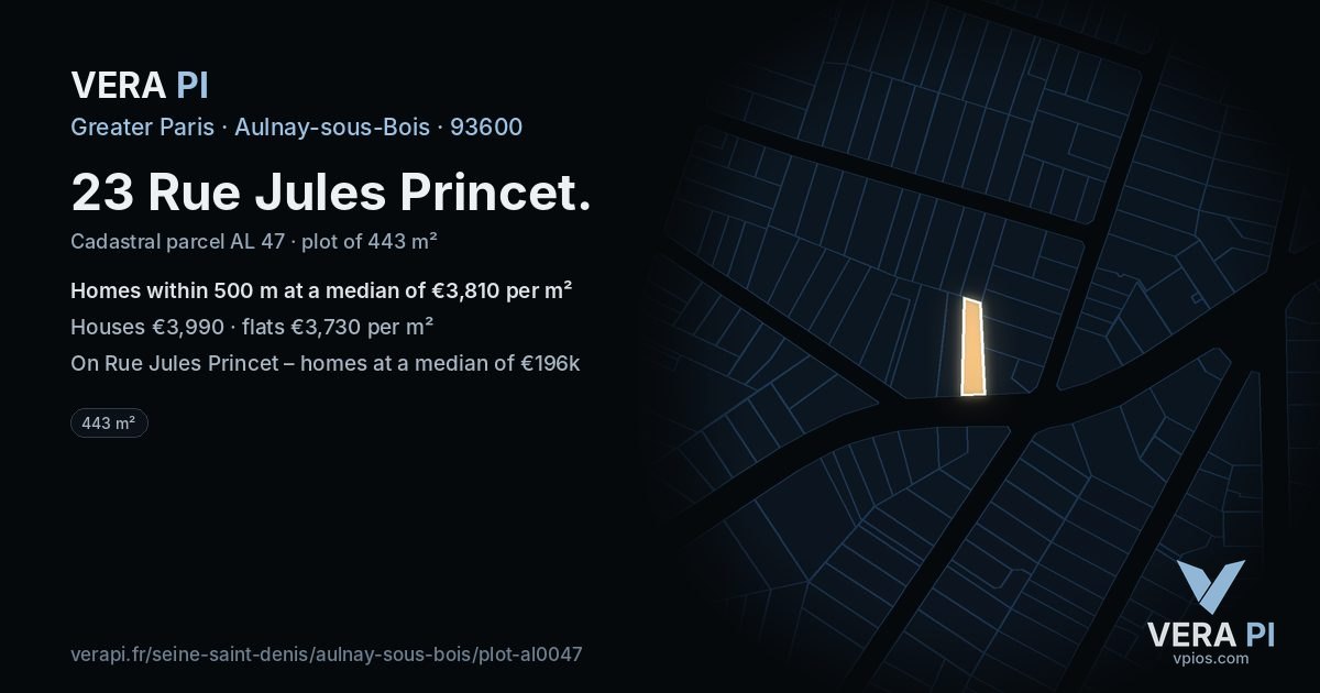 23 Rue Jules Princet, Aulnay-sous-Bois at night – the plot lit, the parcels around coloured by the prices near them