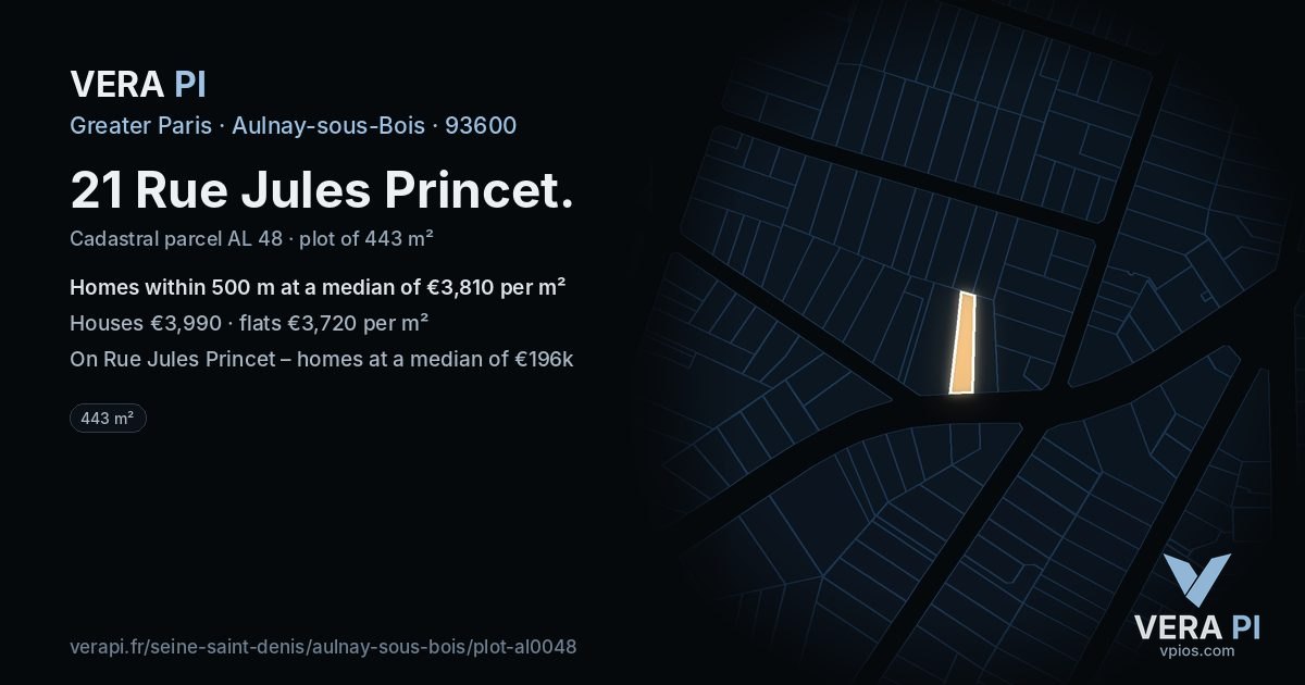 21 Rue Jules Princet, Aulnay-sous-Bois at night – the plot lit, the parcels around coloured by the prices near them