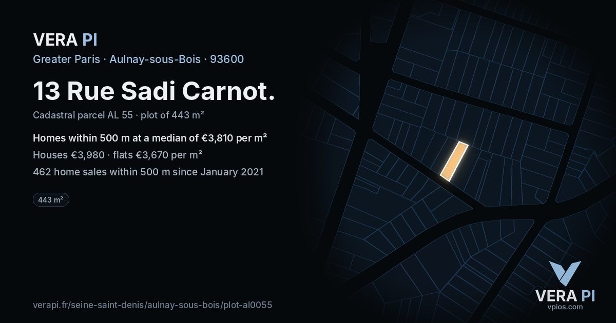13 Rue Sadi Carnot, Aulnay-sous-Bois at night – the plot lit, the parcels around coloured by the prices near them