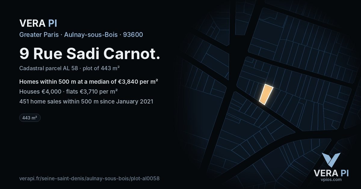 9 Rue Sadi Carnot, Aulnay-sous-Bois at night – the plot lit, the parcels around coloured by the prices near them